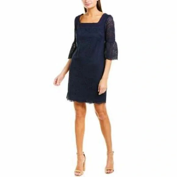 trina turk navy lace dress Trina Turk Dress Navy Blue 8 Cotton Linen Lace Shift 3/4 Long Sleeve